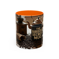 Ceramic coffee mug with orange interior featuring vintage coffee grinder, kettle, and scattered coffee beans design.