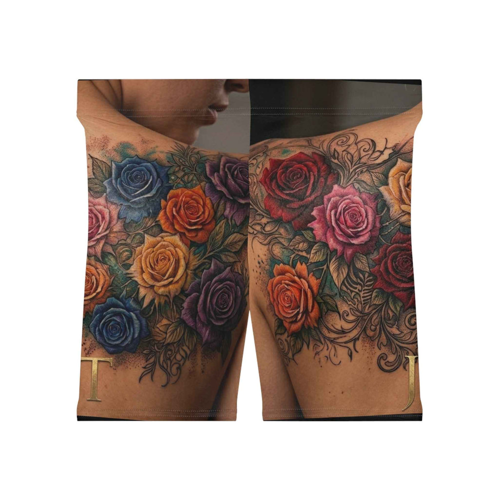 Floral Tattoo Print Biker Shorts — Colorful Rose Chest Tattoo Design