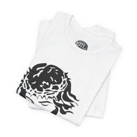 White t-shirt folded with black crown of thorns graphic on front, crew neckline.