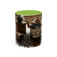 Ceramic coffee mug with green interior featuring vintage coffee grinder and pot with "The Barista Secret Mug" text.