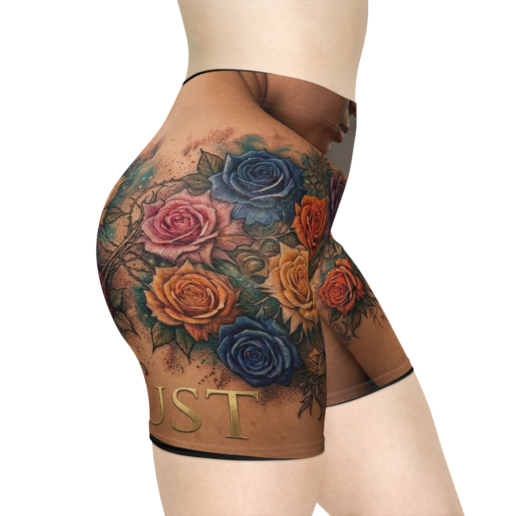 Floral Tattoo Print Biker Shorts — Colorful Rose Chest Tattoo Design