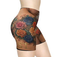 Floral Tattoo Print Biker Shorts — Colorful Rose Chest Tattoo Design