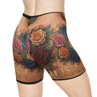 Floral Tattoo Print Biker Shorts — Colorful Rose Chest Tattoo Design