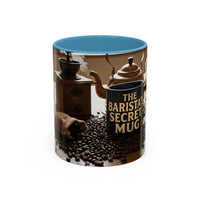 Ceramic coffee mug with brown coffee beans and vintage grinder print, light blue interior, 11oz.