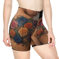 Floral Tattoo Print Biker Shorts — Colorful Rose Chest Tattoo Design
