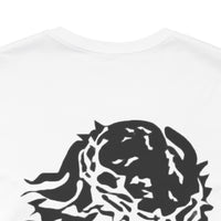 White t-shirt with minimal black graphic of Jesus wearing a crown of thorns on the back.