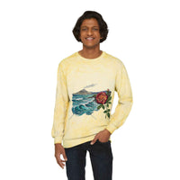 Tie-Dye Crewneck Sweatshirt — Vintage Ocean Wave & Rose Graphic