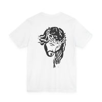 White t-shirt with minimalist black graphic of Jesus wearing a crown of thorns on the back.