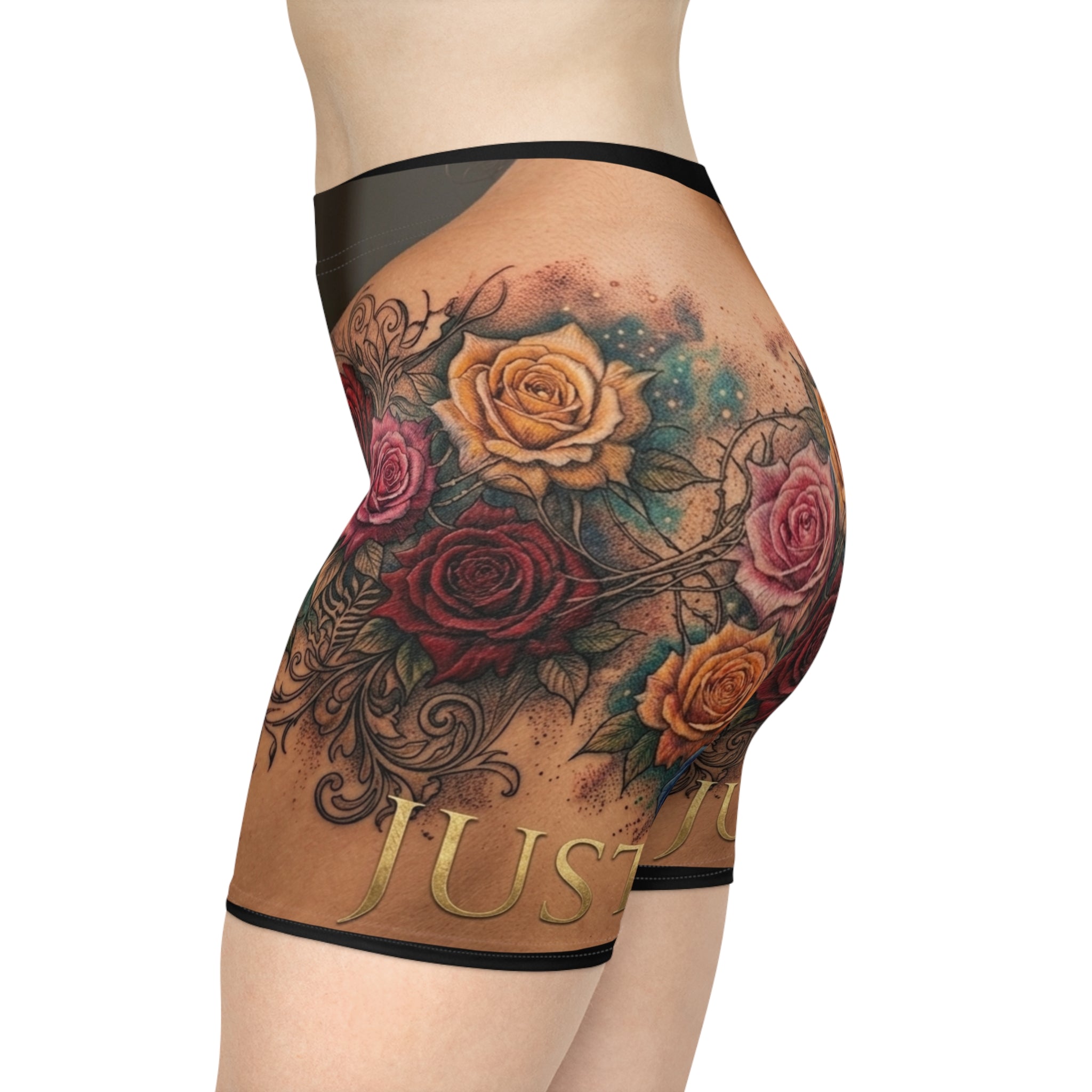 Floral Tattoo Print Biker Shorts — Colorful Rose Chest Tattoo Design