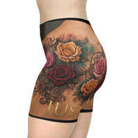 Floral Tattoo Print Biker Shorts — Colorful Rose Chest Tattoo Design