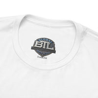 White crew neck t-shirt with a small black and gray Global brand logo printed inside the collar area.