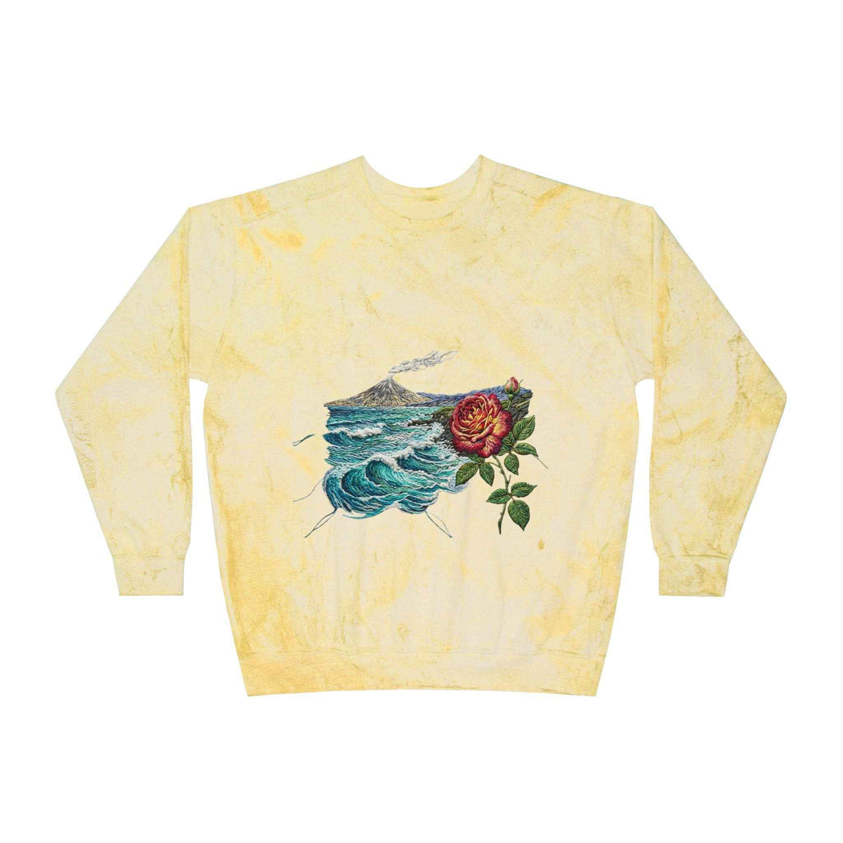Tie-Dye Crewneck Sweatshirt — Vintage Ocean Wave & Rose Graphic