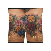 Floral Tattoo Print Biker Shorts — Colorful Rose Chest Tattoo Design