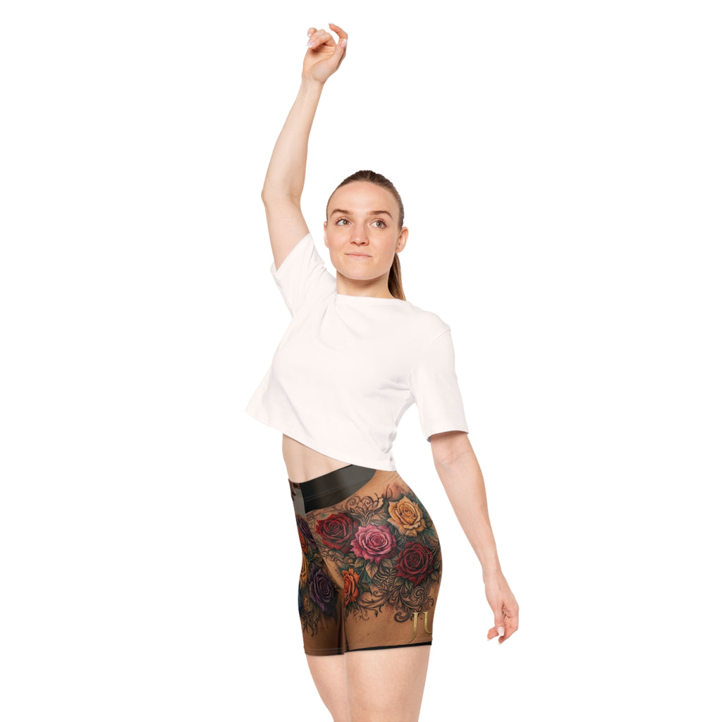 Floral Tattoo Print Biker Shorts — Colorful Rose Chest Tattoo Design