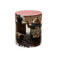 Ceramic coffee mug with pink interior featuring vintage coffee grinder and pot with "The Barista's Secret Mug" text.