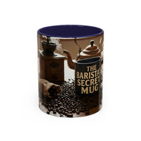 Ceramic coffee mug with vintage coffee grinder and beans, navy blue interior, "The Barista's Secret Mug" text.