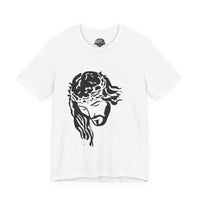 White short-sleeve t-shirt with a black minimalist graphic of Jesus wearing a crown of thorns.