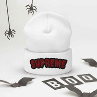 Arched Embroidered Logo Cuffed Beanie – Premium Knit White Streetwear Winter Hat