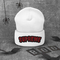 Arched Embroidered Logo Cuffed Beanie – Premium Knit White Streetwear Winter Hat
