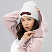 Arched Embroidered Logo Cuffed Beanie – Premium Knit White Streetwear Winter Hat